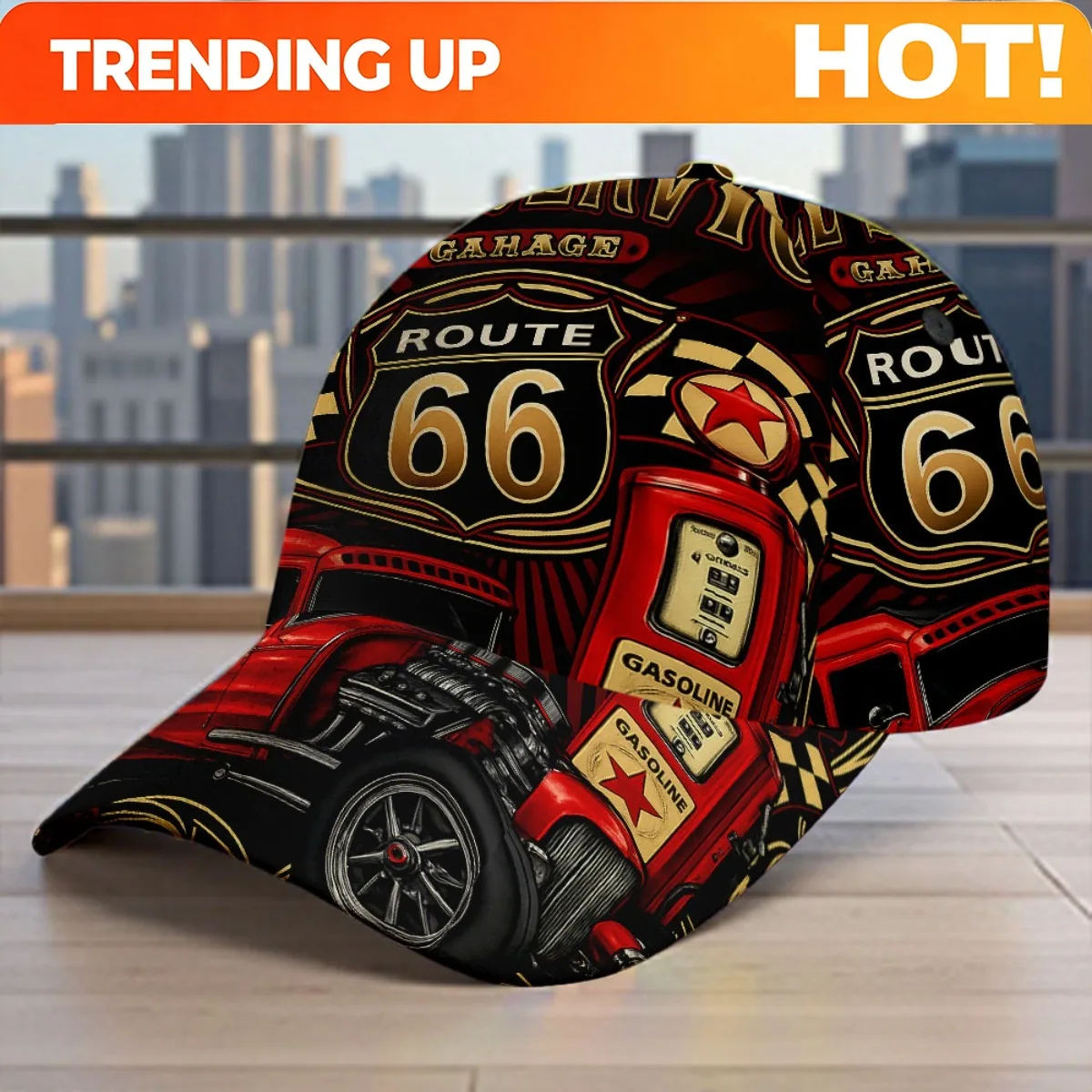 1 Stück. Mit einem Route 66 Hot Rod Garage-Design versehen, verfügt diese All-Over-Print-Entenschnabelmütze über einen eng anliegenden Verschluss und ist stilvoll handwaschbar.