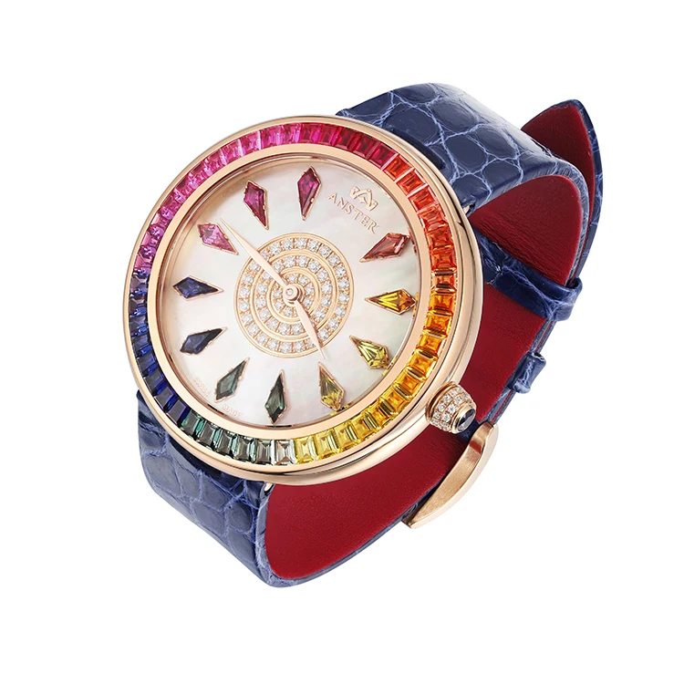 

Custom luxury watch oem colorful gemstones stainless steel Quartz Watches for men and women