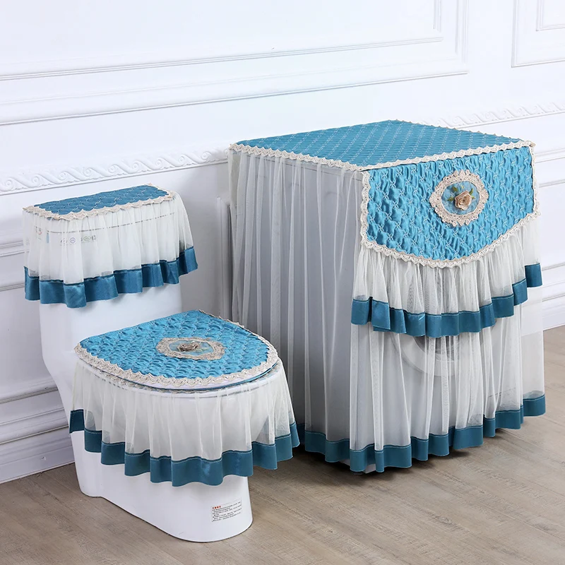 European High-End Fabric Lace Toilet Mat Set, Automatic Roller, Washing Machine Cover, Household, 3Pcs Set