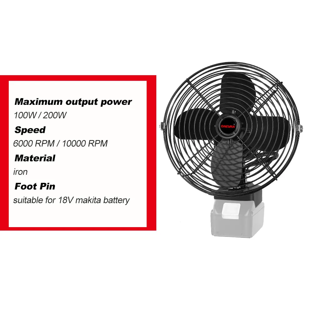 10000RPM Strong Wind Cordless Fan 200W Metal Mini Portable Fan For Home Outdoor Camping For Makita 18V Lithium-ion Battery