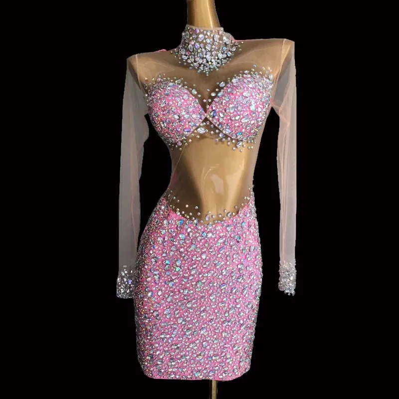 Robe de Billy Briate en Maille Transparente pour Femme, Tenue de Bal Sexy, avec Strass Luxueux, pour Spectacle, Anniversaire, Scène