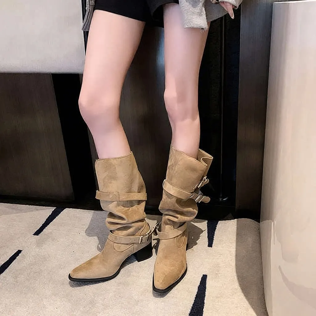 

Pointed Toe Chelsea Boots Women's Chunky Heel Slim Folded over Knee High Boots Spring Autumn Khaki Velvet Non-Turned up