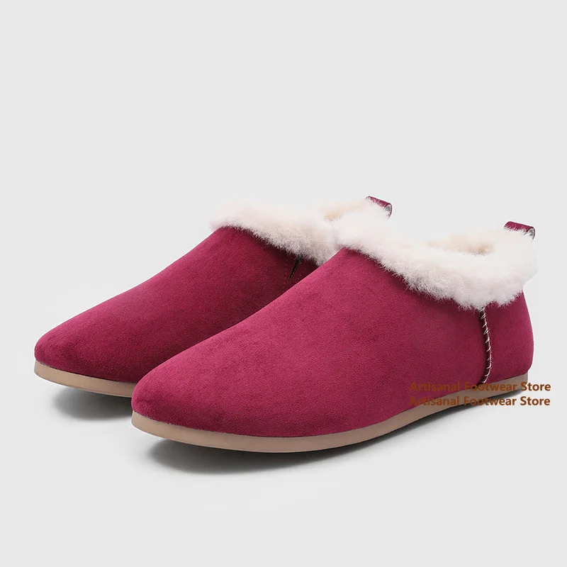 Warm Plush Faux Fur Lined Suede Loafers White Round Toe Slip On Winter Casual Flat Ankle Boots Anti-Slip Outdoor Men's Boots