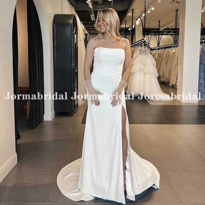 

Illusion Exposed Boning Back Crepe Wedding Dress for Bride 2024 Strapless Mermaid Long High Slit Formal Bridal Gown with Buttons