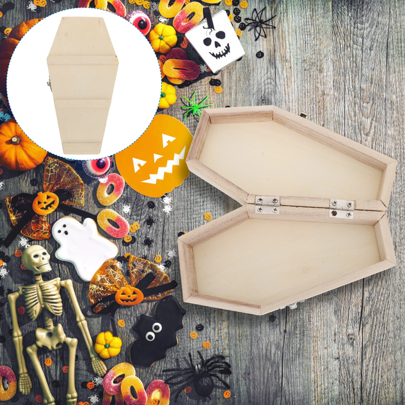 

1Pcs Wooden Halloween Coffin Candy Box Hexagonal Shape Jewelry Storage Box Halloween Decor Coffin Candy Boxes Layout Scene Props