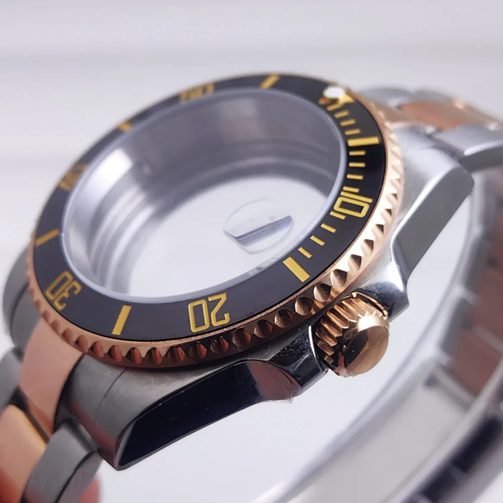 40 مللي متر الفضة والذهب الوردي حاوية من الفولاذ المقاوم للصدأ حزام الياقوت الزجاج الأخضر الإطار الزجاجي القاع مع حركة NH34/35