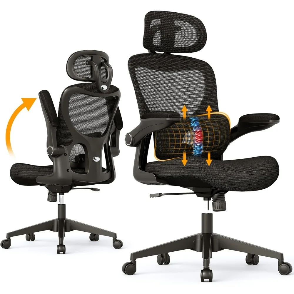 Ergonomic Office Chair, Comfy Mesh Desk Chair, High Back Computer Gaming Chairs with Adjustable Lumbar Support, Flip-Up Arms