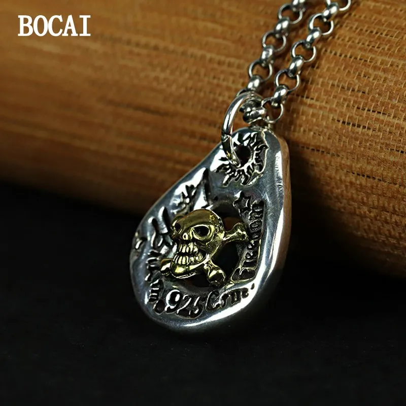 BOCAI New S925 Sterling Silver Retro Craft Graffiti Golden Skull Pendant Valentine