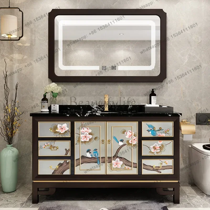 Slate new Chinese bathroom cabinet combination painted hand-painted flower and bird cabinet floor-standing washbasin