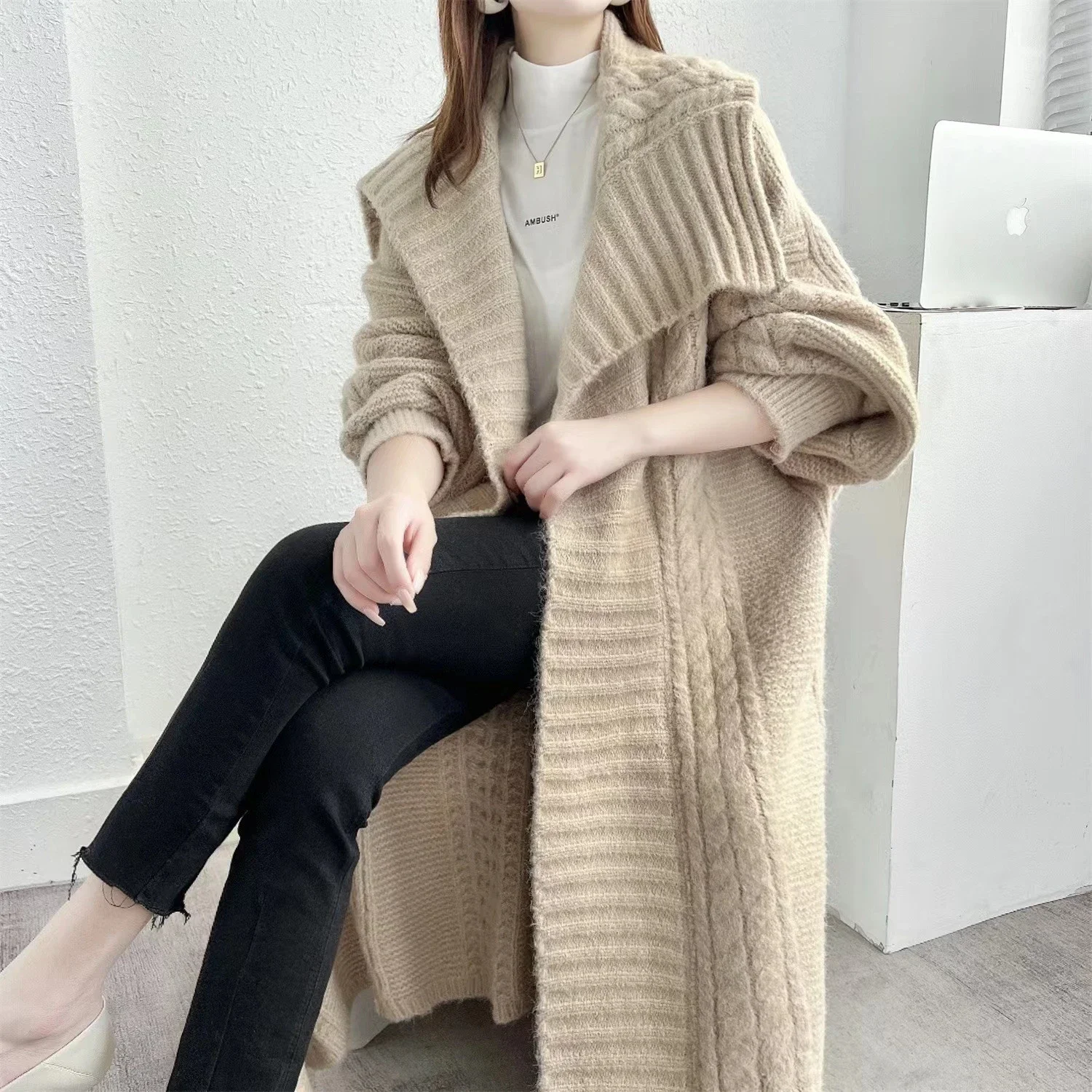 Winter Mohair Knitted Long Trench Women Fashionable Big Turn-down Neck Loose Cardigan Poncho Coat Thick Warm Streetwear Cloak