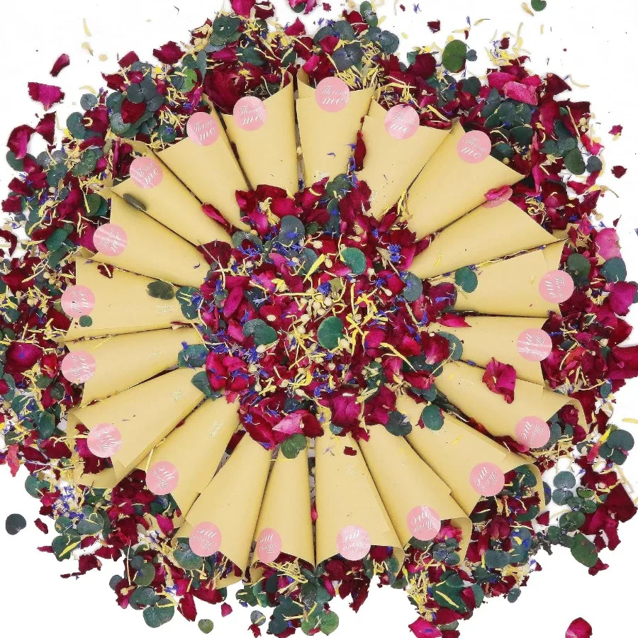 2 QT Roses séchées et feuilles d'eucalyptus mélange de pétales 20 + tasses de confettis biodégradables naturels contenant des chrysanthèmes au jasmin