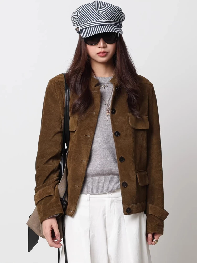 

Vintage Short Genuine Leather Cargo Jackets for Women Spring Autumn 2026 New High-end Simple Stand Collar Real Cow Suede Coat