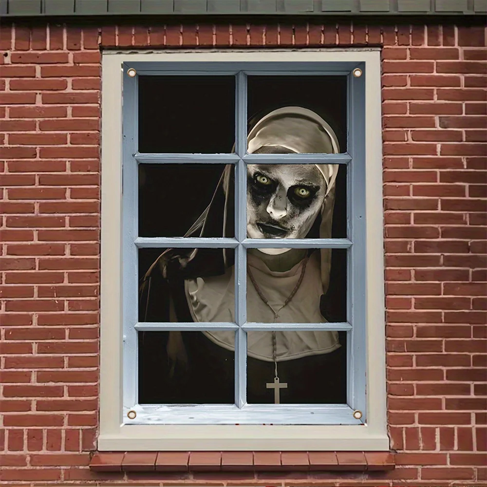 لافتة نافذة مسطحة ثنائية الأبعاد على شكل نون زومبي للهالوين - ديكورات حفلات من البوليستر مع رشات الدم