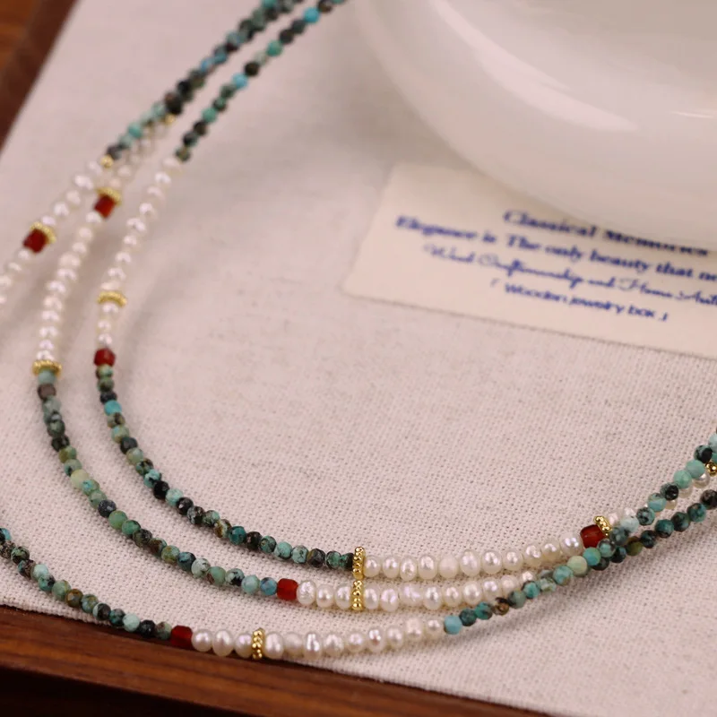 

CHKAWOCI African pine turquoise freshwater pearl necklace very thin femininity niche high-grade sense light luxury beads