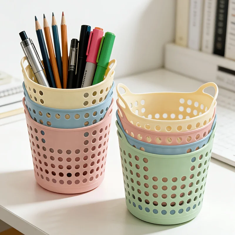 4pcs Macaron colored desktop storage basket, plastic storage basket, student office stationery and cosmetics storage bucket
