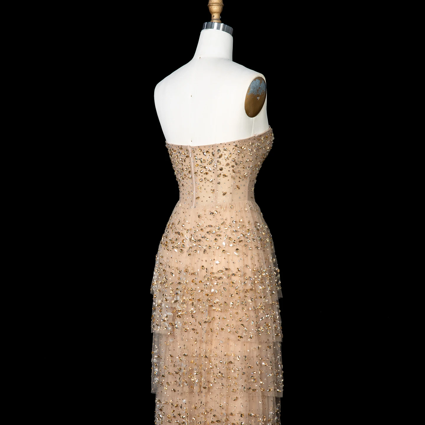 Sharon Said Luxuriöses Champagner-Abendkleid, Kristallverziertes Meerjungfrauenkleid aus Tüll für formelle Anlässe, SS720, Maßanfertigung – Detail 9