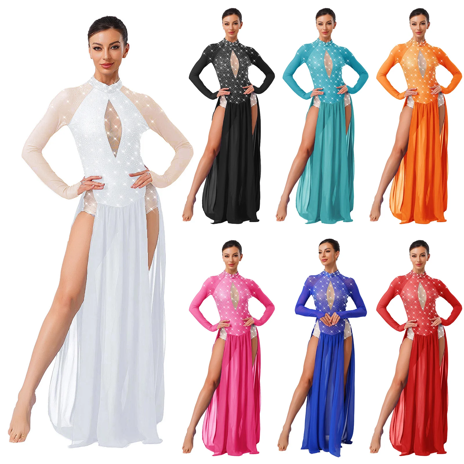 فستان ماكسي للرقص الغنائي الحديث بحجر الراين اللامع للنساء بأكمام طويلة من الشيفون بحاشية فساتين يوتار زي التزلج على الجليد والجمباز