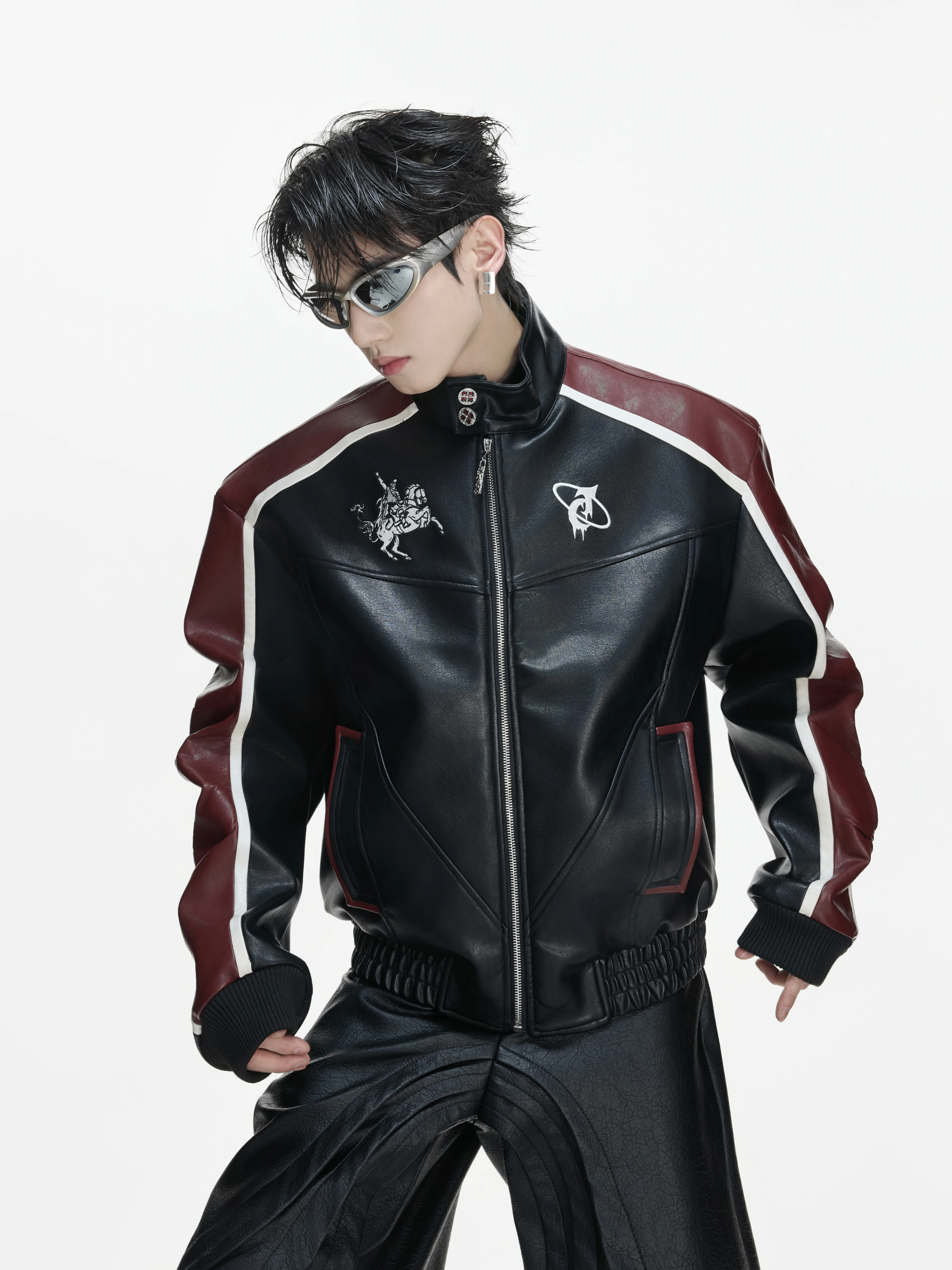 Retro Embroidered Shield Coat Jacket Wide Short Fashion Urban Style Motorcycle Clothes Contrast Color PU Leather Jacket for T...