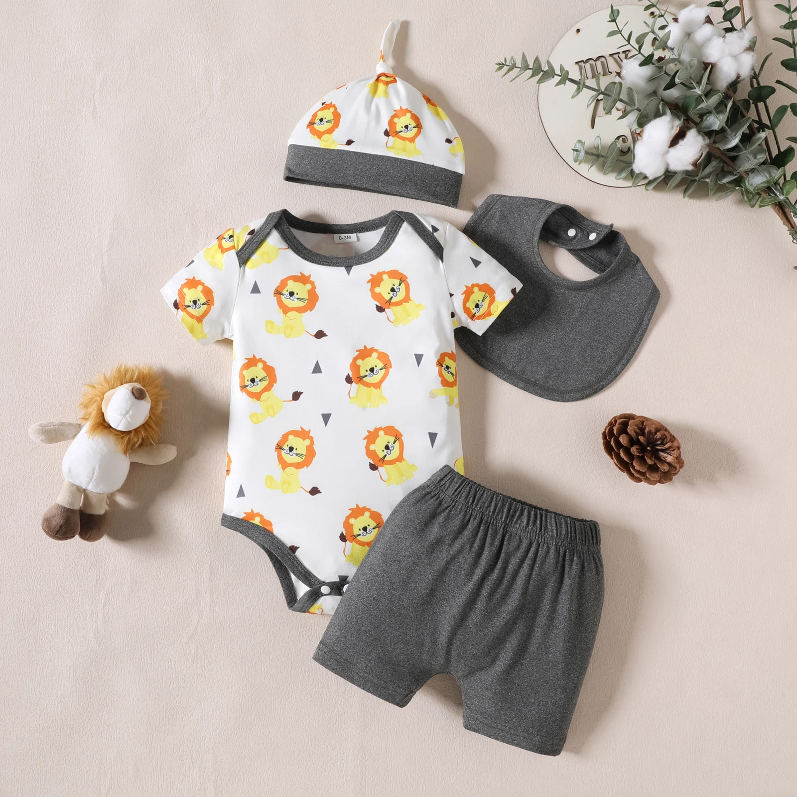 4PCS 0-18M Baby Boys Costumes Cute Animal Printing Short Sleeve Shorts Sets 2024 Summer Bodysuit Newborn Infant Birth Hat Sets