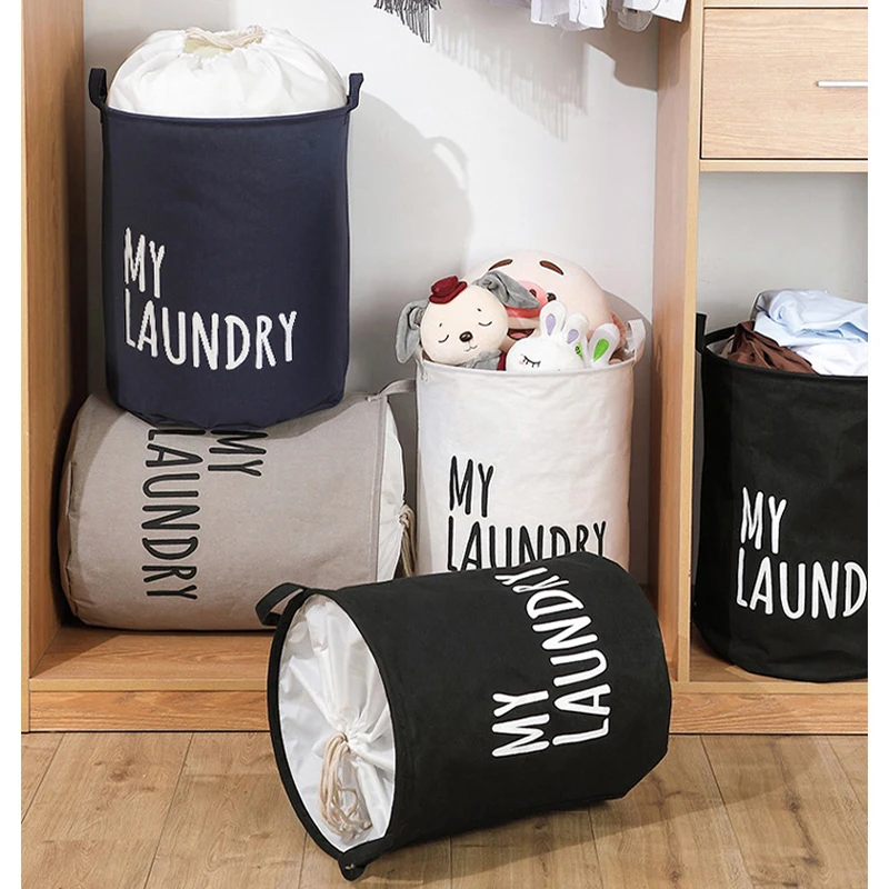 1Pc Drawstring Laundry Basket Household Waterproof Canvas Dirty Clothes Storage Basket Folding Clothes Toys Organizer Bags