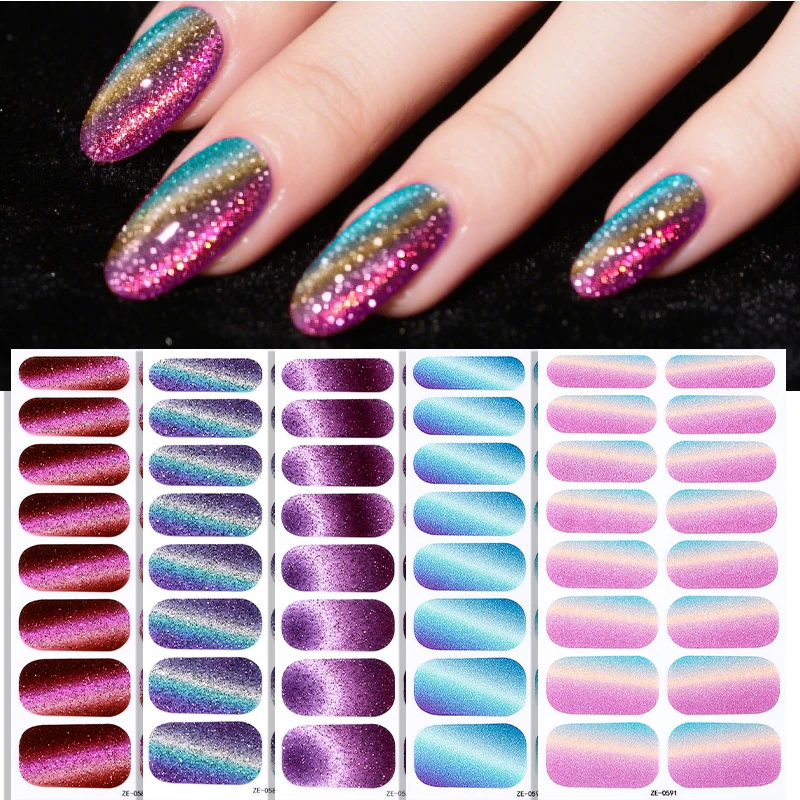 Adesivos de Unha com Glitter Efeito Olho de Gato, Cobertura Total, 16 Pontas, Tiras de Esmalte Gradiente, Longa Duração, Autoadesivos, Arte de Manicur