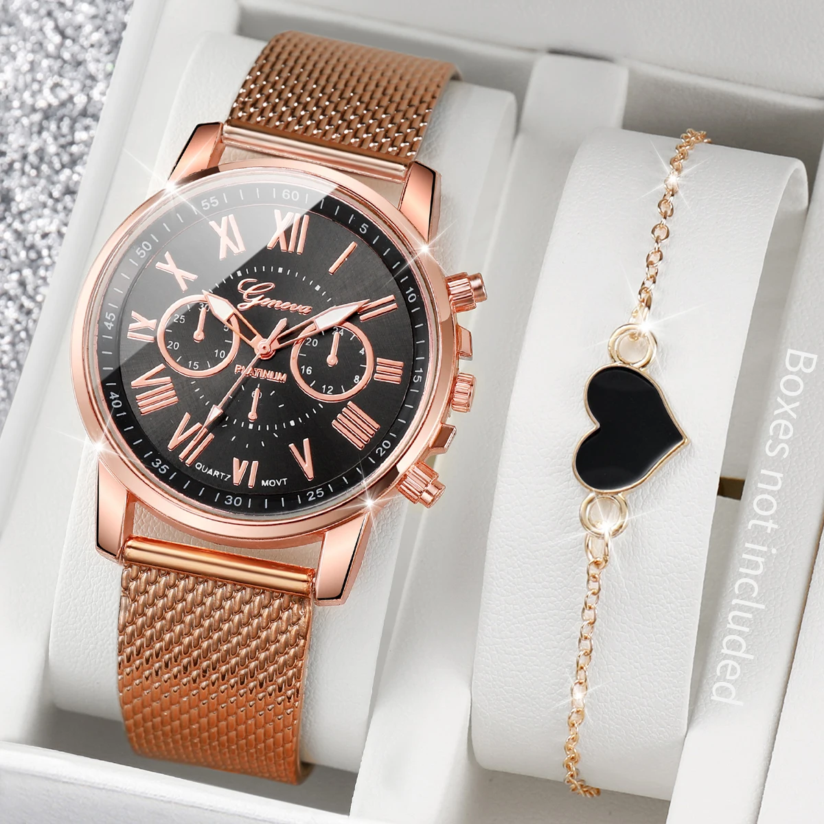 2PCS Women Watches Fashion Roma Dial Ladies Plastic Band Analog Quartz Watch Heart Bracelet Set（Without Box）