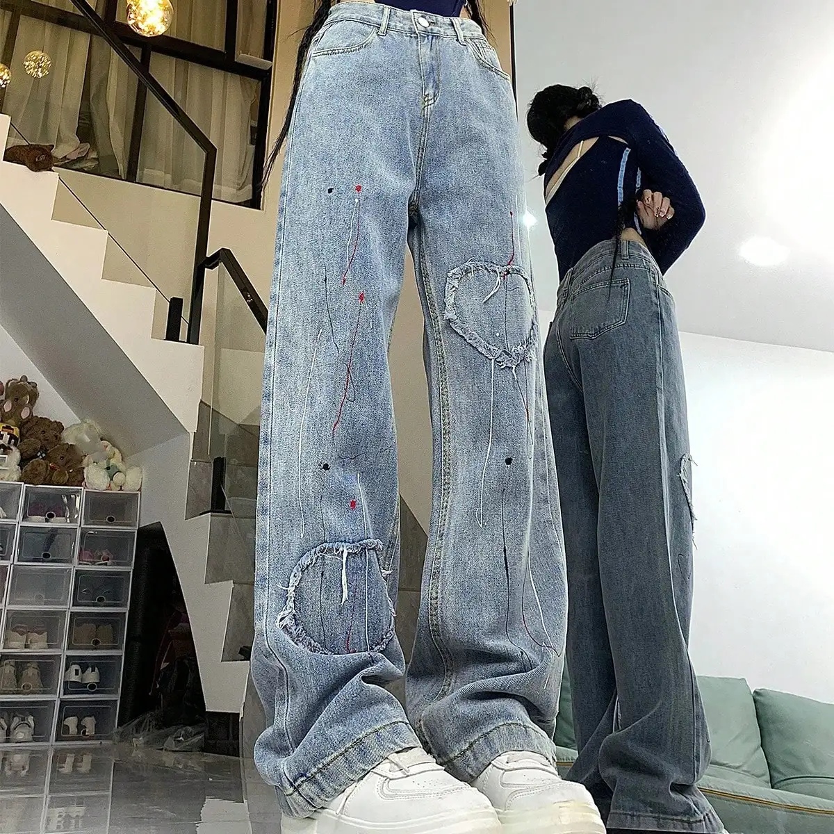 Design Sense, Personalized and Interesting Colorfulful Graffiti Jeans 2024 New Women's Autum Lazy and Relaxed Wide-Leg Pants