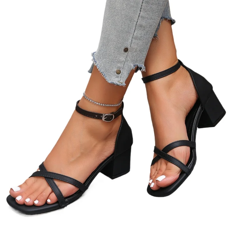 2026 Summer Spring New Fashionable Chunky Heel Elegant Style Women's Sandals Exquisite Buckle Strap High Heels Big Size 35-43