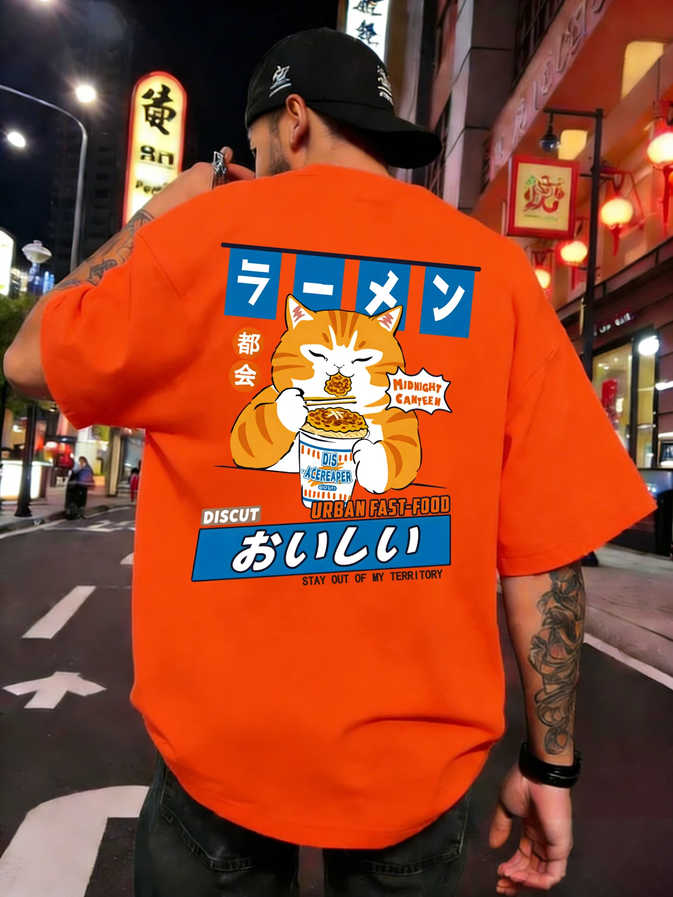 Cat Enjoying Instant Noodles Print Mens Retro T Shirts All-Match Loose T-Shirt Casual Soft Short Sleeve Cotton Summer Streetwear