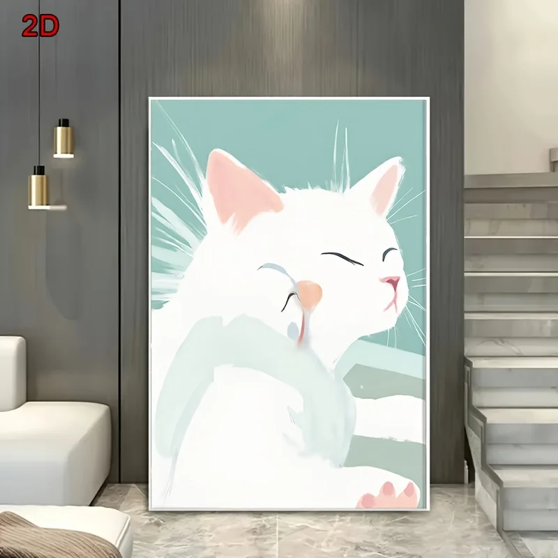 طباعة مسطحة ثنائية الأبعاد، طباعة فنية عتيقة بدون إطار من قطة كسولة - قطة بيضاء مريحة مع آذان وأنف وردية، تعبير مريح، مثالي للسرير #1