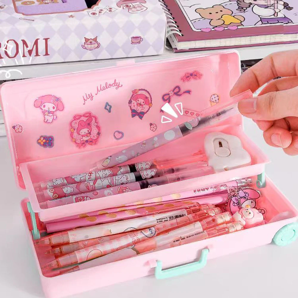 1PC Trolley Case Stationery Box Double-layer Large Capacity Plastic Multi-Function Pencil Box Suitable for School Pencil Boxes