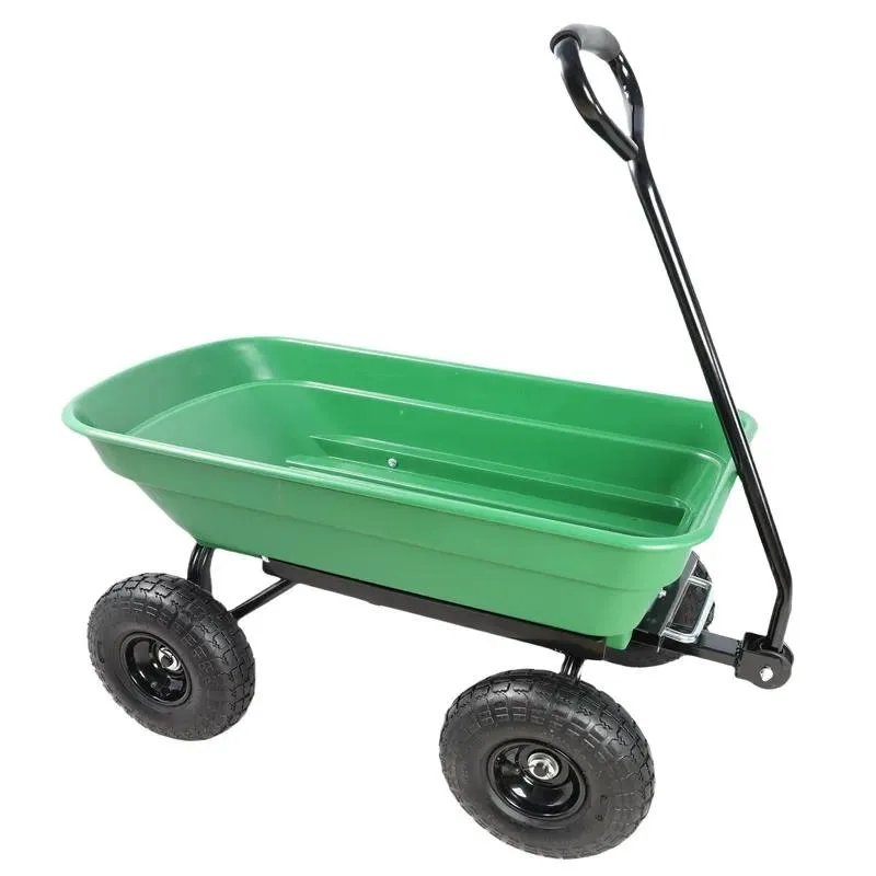 10 Inch Pneumatic Tires 300 Lbs Capacity 55L Green Folding Garden Cart Multi Purpose Dump Truck with Steel Frame
