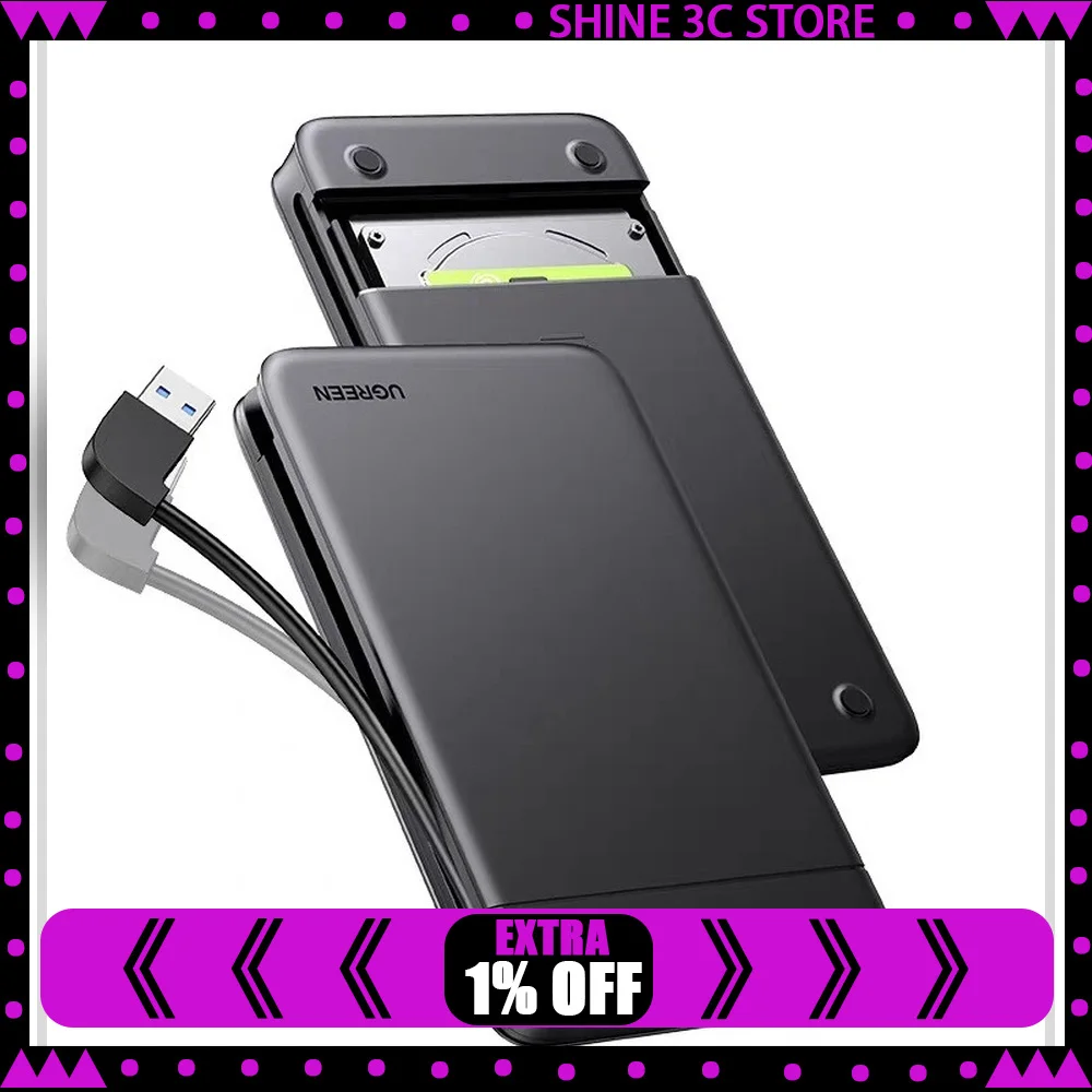 UGREEN CM352 10904 2.5 Inch SATA to USB 3.0 Hard Drive Enclosure with Built In Cable External HDD SSD Case