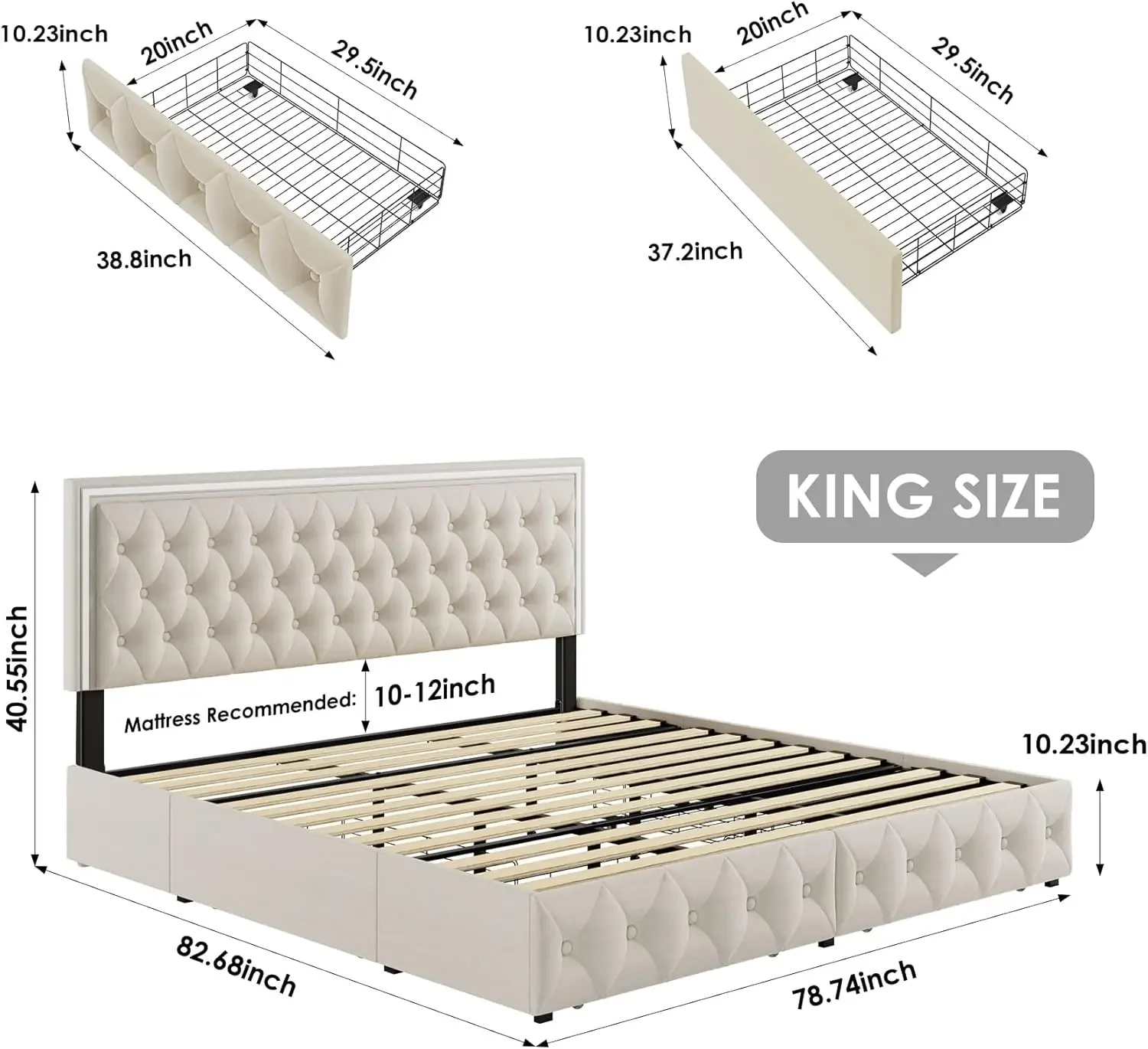 King Upholstered LED Bed Frame with 4 Drawers, Velvet Platform Storage Bed with Adjustable Button Tufted Headboard and Solid Woo