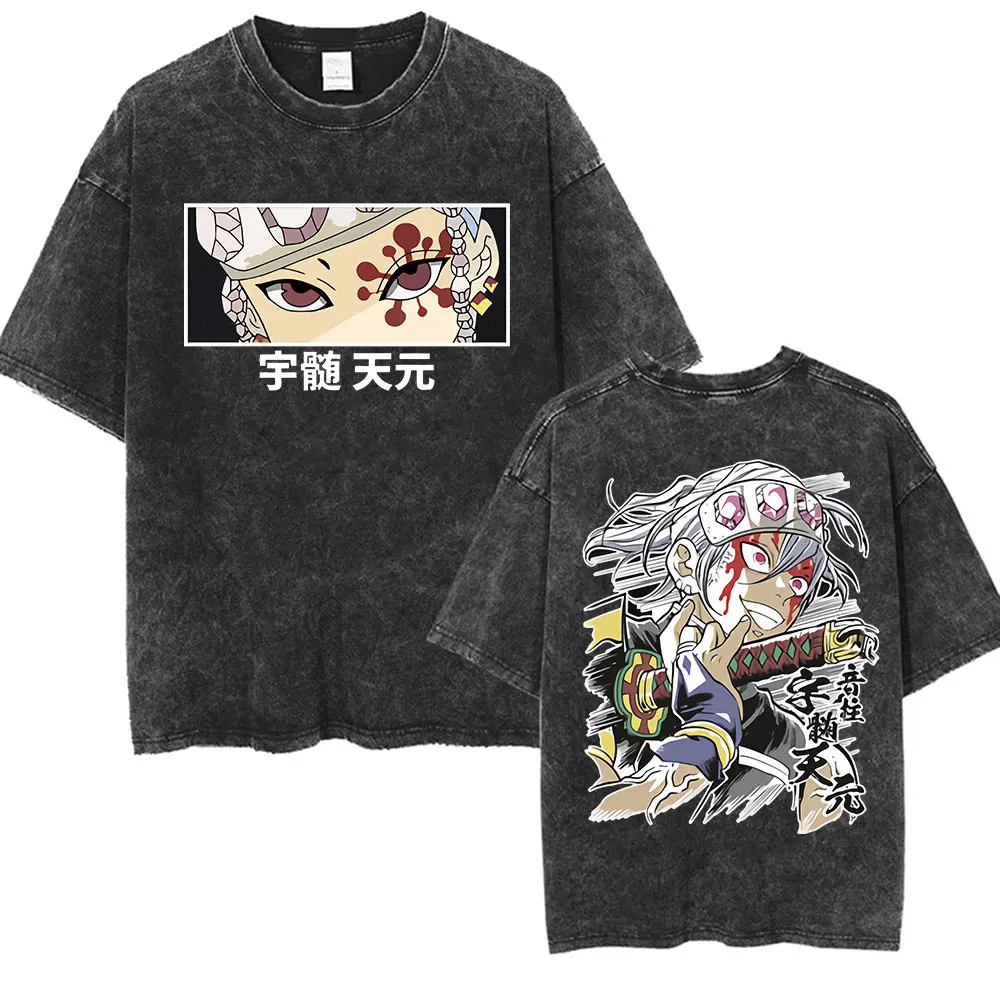 

Винтажная стираная футболка в стиле аниме «Убийца демонов», модная футболка унисекс большого размера, футболки Tengen Uzui Eyes Manga, топы больших размеров, уличная одежда