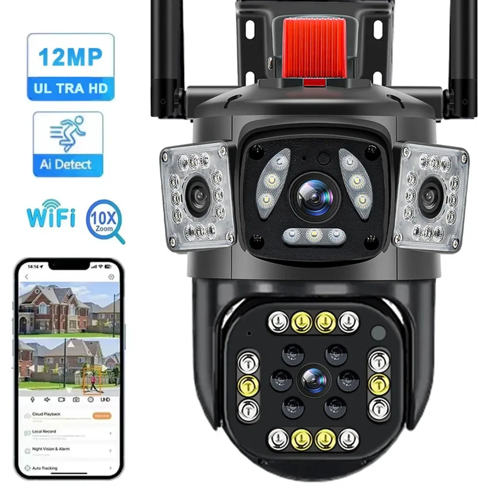 

6K 12MP WiFi Camera Outdoor Motion Tracking PTZ Zoom Cam Three Screen 360° View Security Protection Video Surveillance Cameras