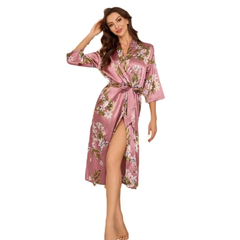 Sexy Robes Nightgown Ice Silk Pajamas Women's Imitation Silk Robe Pink Floral Bathrobe Loose Satin Summer Loungewear Sleepwear