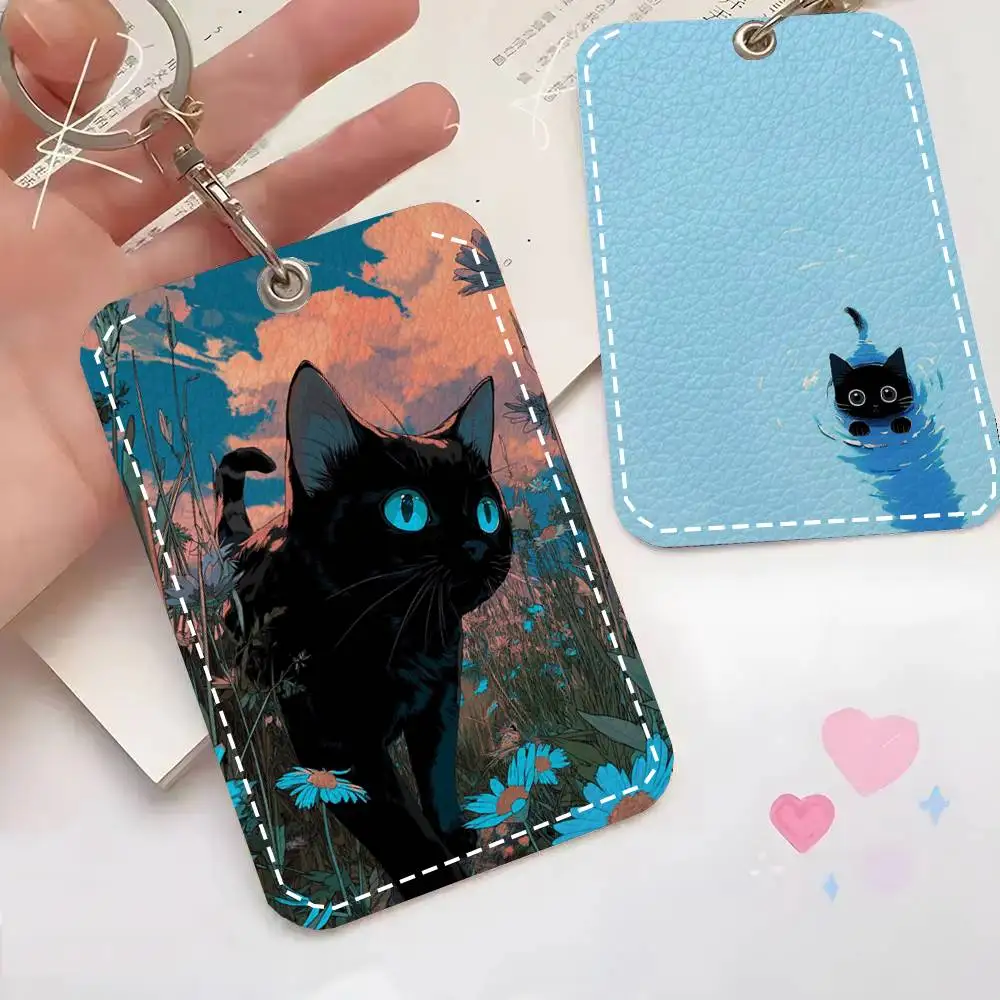 Interesting Black Cat Flower Card Case Keychain Access Card Bag Key Tag Ring Leather Card Holder Key Ring Access
