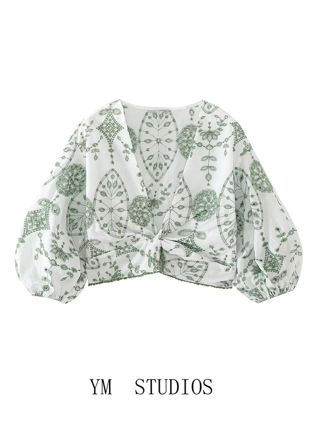 

Ретро-блузка с вышивкой, глубоким V-образным вырезом и рукавами-фонариками, женская летняя укороченная модель с открытым животом, модный повседневный стиль, свободный крой