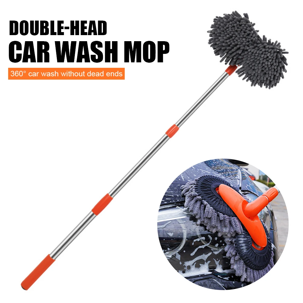 Double Brush Head Rotating Car Wash Mop Three-Section Telescopic Mop Roof Window Cleaning Maintenance Auto Supplies Accessories