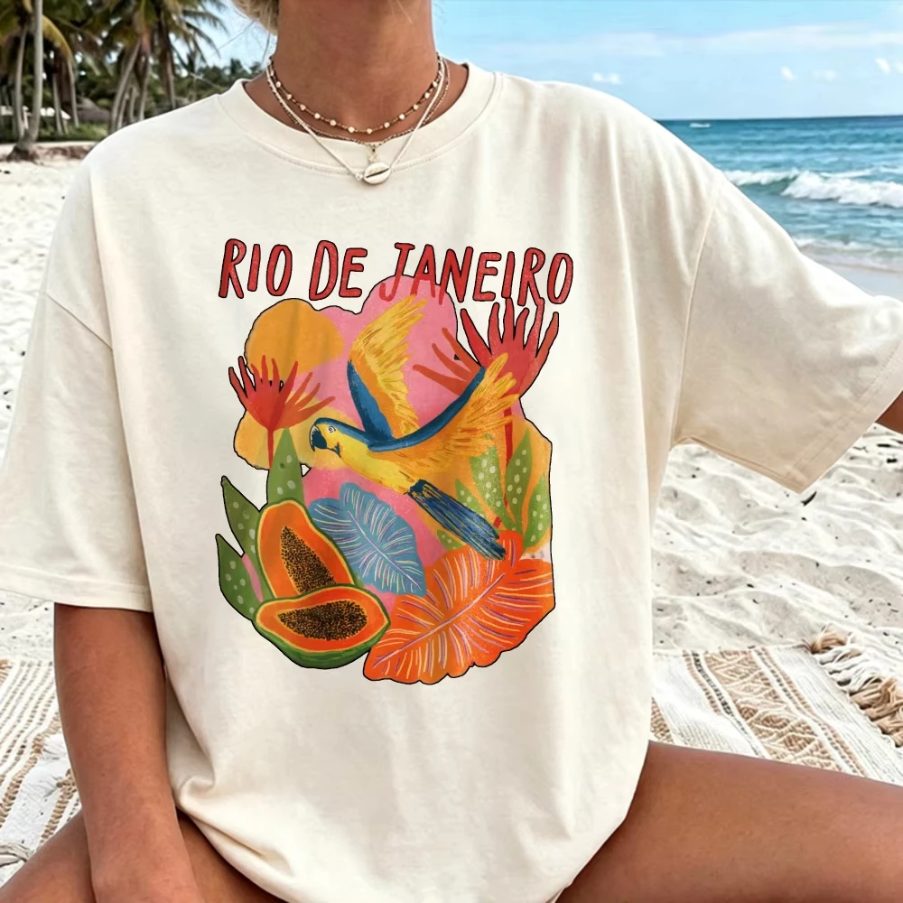 Women Rio De Janeiro Parrot Papaya Tropical Leaf Print T Shirt Heather Cotton Tee Brazil Travel Vacation Casual Daily Summer Top