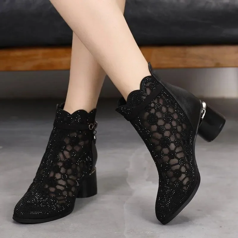 Real Soft Leather Mesh Gauze Cool Boots 2023 Spring And Summer Hollowed Out Sandals Female Rhine-Drill Chunky Heel Ankle Boots