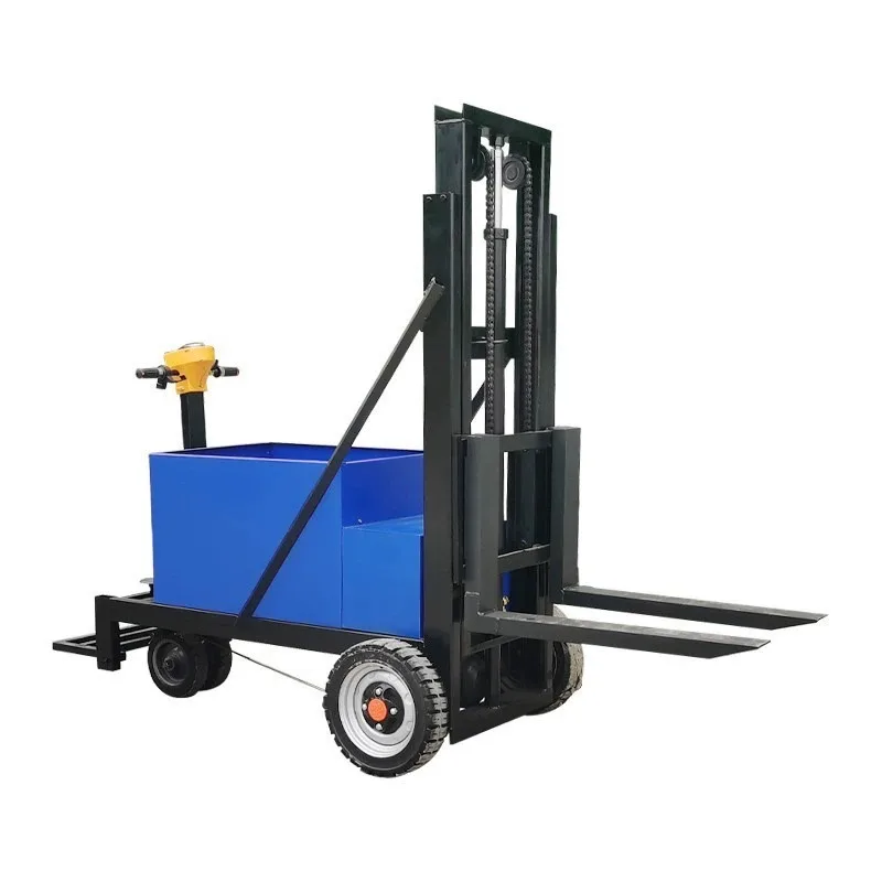 

Small stand-up all-electric forklift with simple three-wheel hydraulic lifting device
