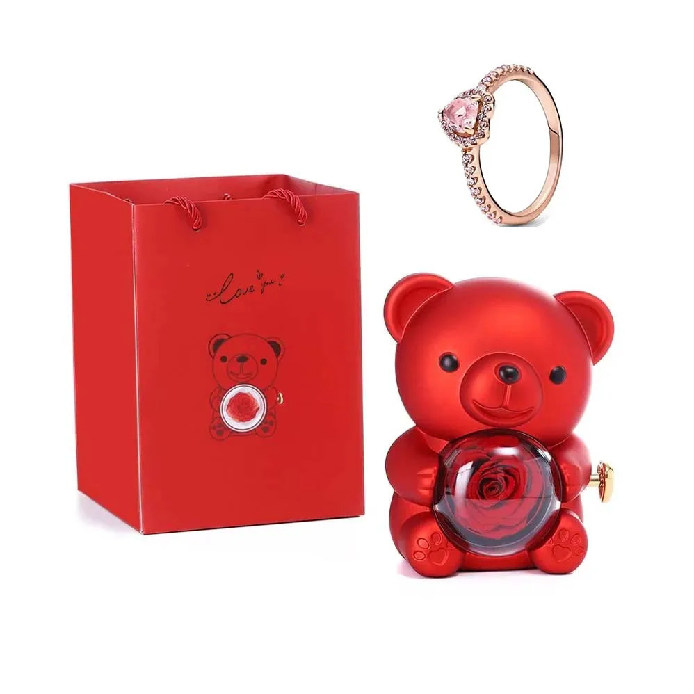 Sparkling Ring Whirling Rose Hug Bear Jewelry Box Holiday Jewelry Gift ring for Ladies Gift