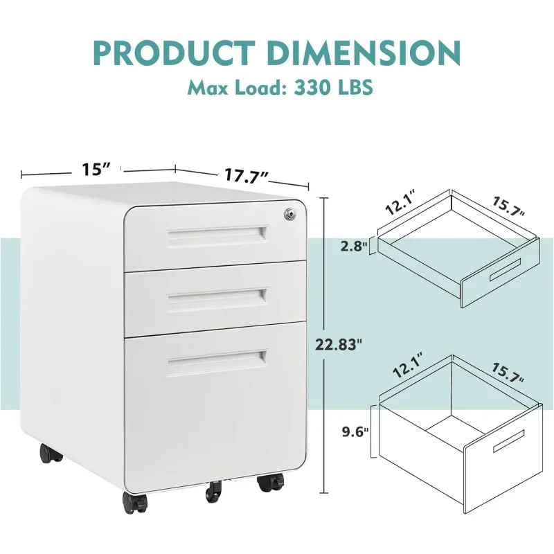 Mobiele kast met 3 lades, wit klein met slot onder bureau, archiefkast thuiskantoor wielen, A4/letter/Legal hangmap F