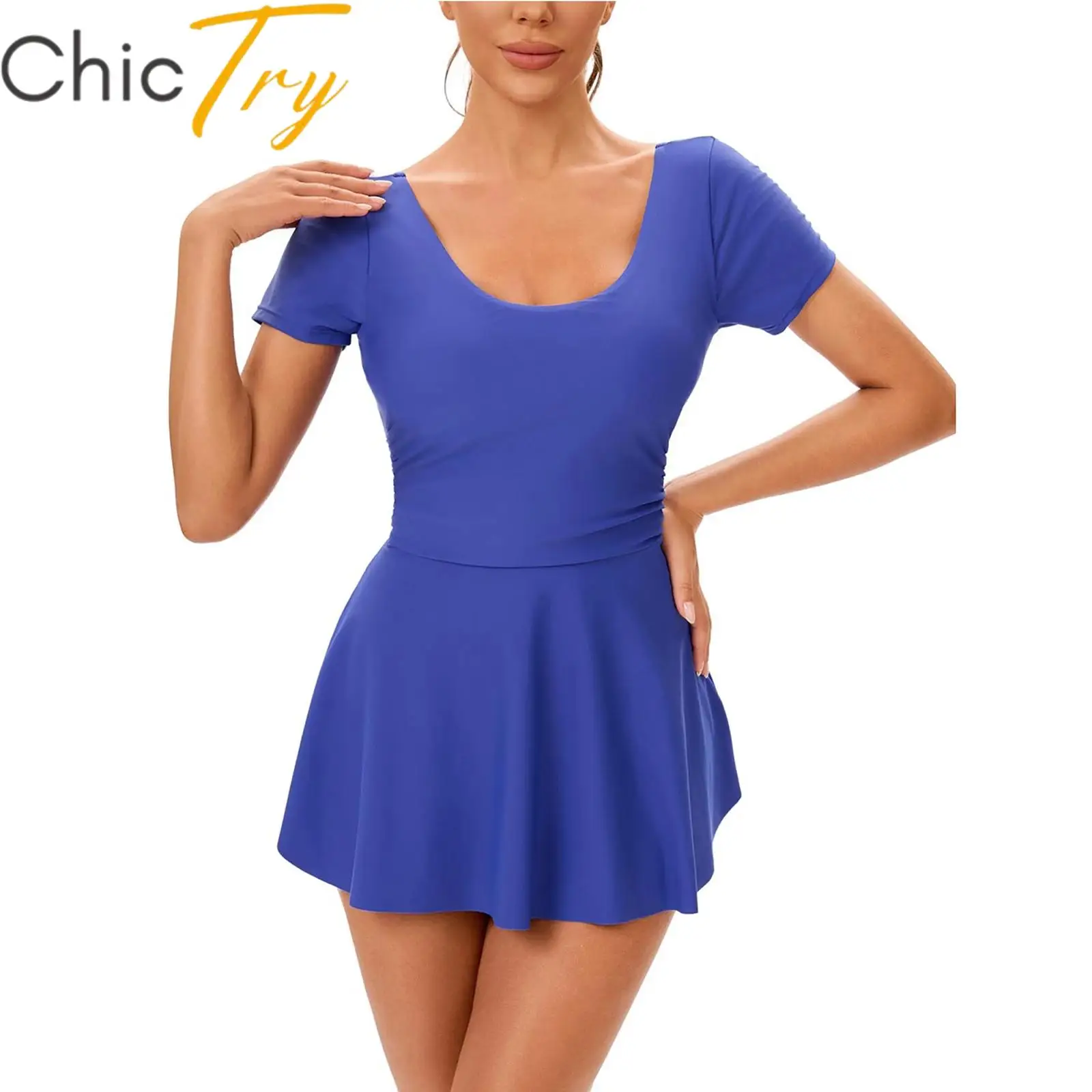 

Womens Swim Dress 2 Pcs Bathing Suit Swimsuit Solid Color Swimwear Beachwear U Neck Backless Short Sleeves Dress with Briefs
