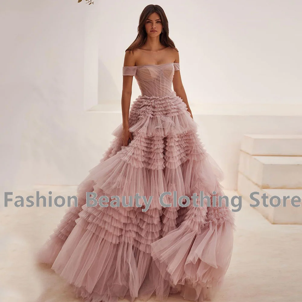 Saudi Arabia Prom Gown Off The Shoulder Tulle Back Lace-up Tiered Ruffle Evening Dress A-Line High Split Formal Occasion Dresses