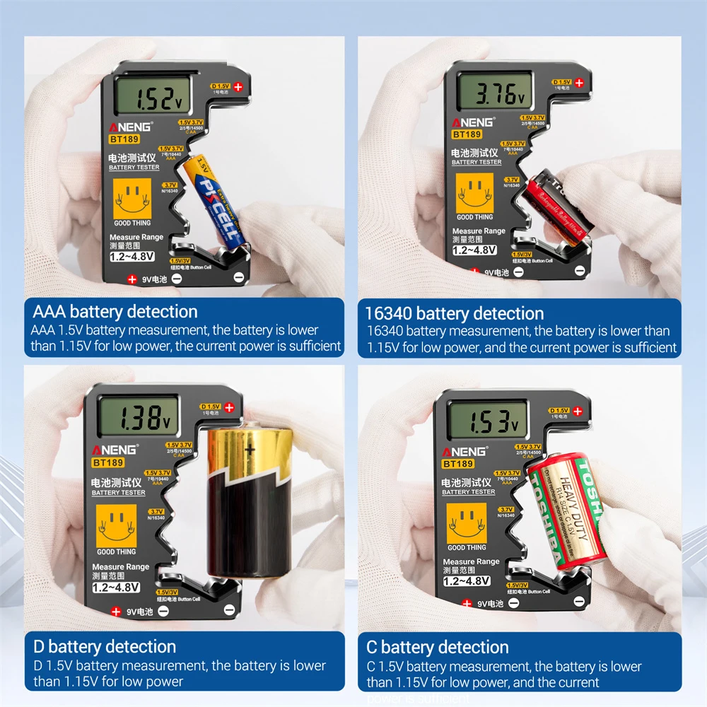 ANENG-Testador de Bateria Digital com Display LCD, Detector de Capacidade de Bateria, Ferramentas Capacitância Universal, 9V, 1.5V, BT189