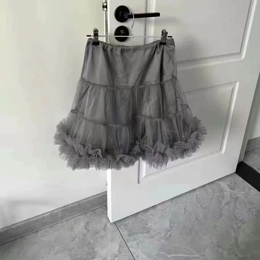 Lolita Style Gray Beige Ruffle-Hem Short Mini Tulle Skirts Woman Spring Summer High Waist Mesh Tutu Skirt For Dance Y2K Clothes
