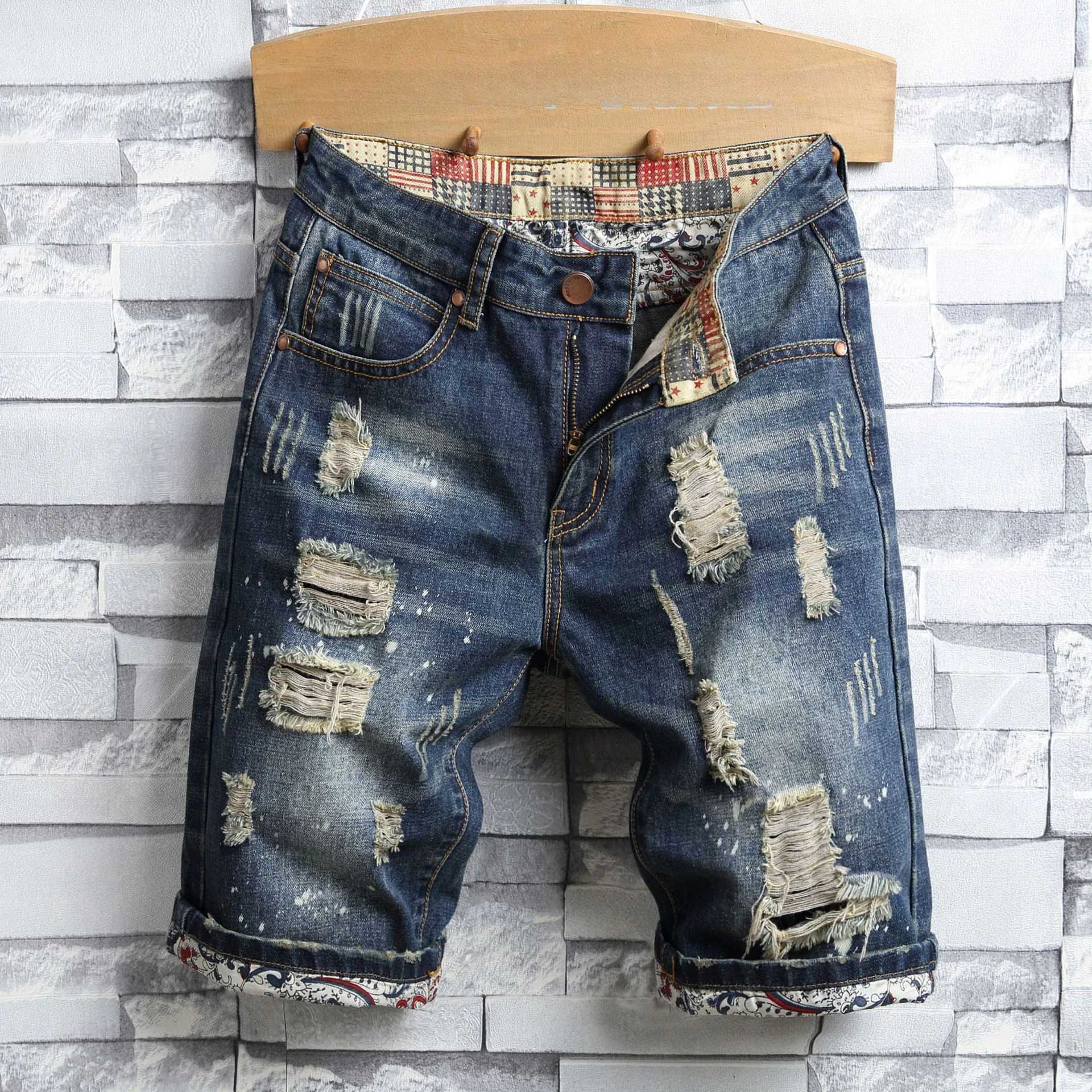 Hole Vintage Men Jeans Shorts Denim Distressed Knee Length Pockets Spliced Cuffs Skinny Washed Punk Style Ripped Mid Waist 2024